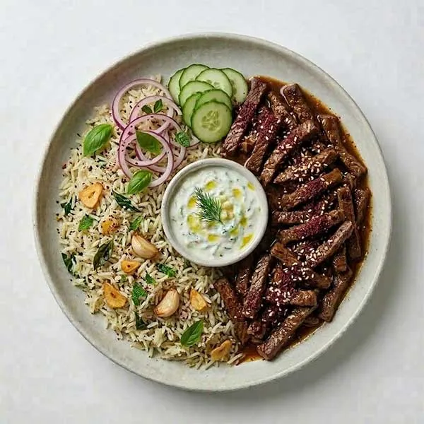 Malaysian beef gulai  with basil garlic rice